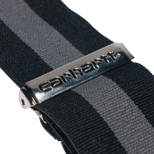 Black and gray striped suspenders with a metal clip labeled "carhartt"