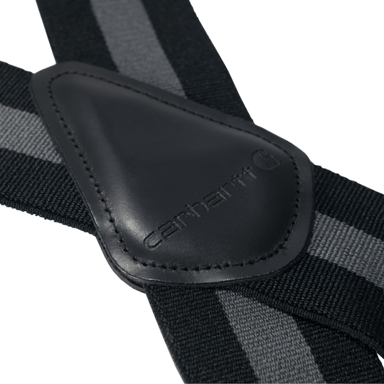 Black elastic suspenders with a stitched leather patch