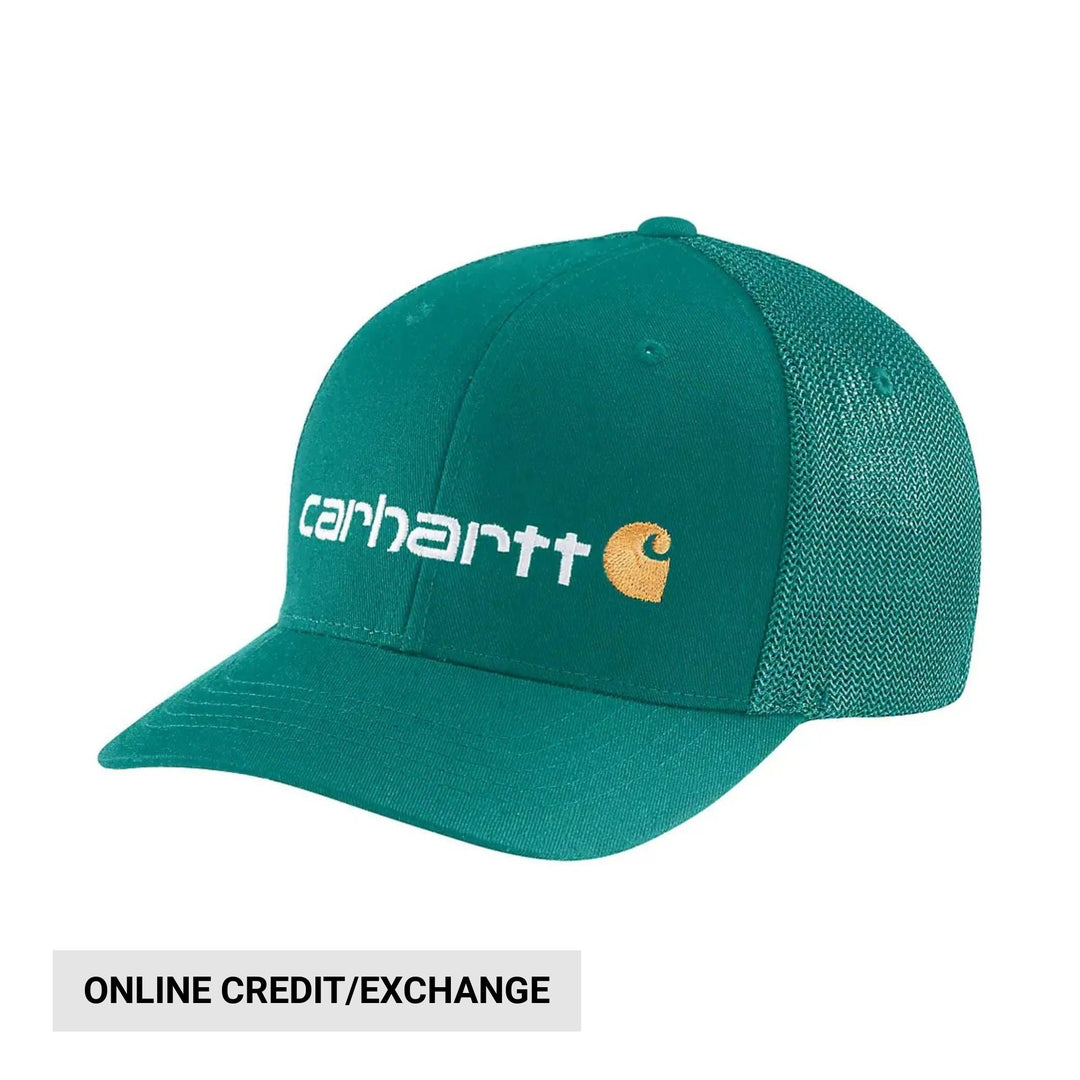 Teal mesh-back baseball cap with white logo text and a tan emblem on the front