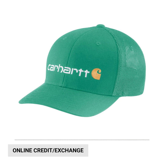 Green mesh-back baseball cap with white logo text on the front
