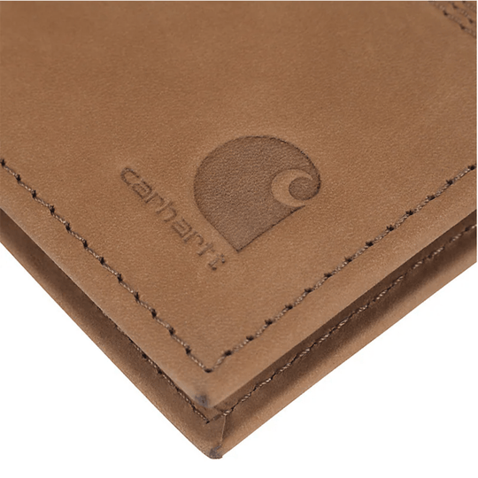 Brown leather wallet corner with stitched edges and embossed logo