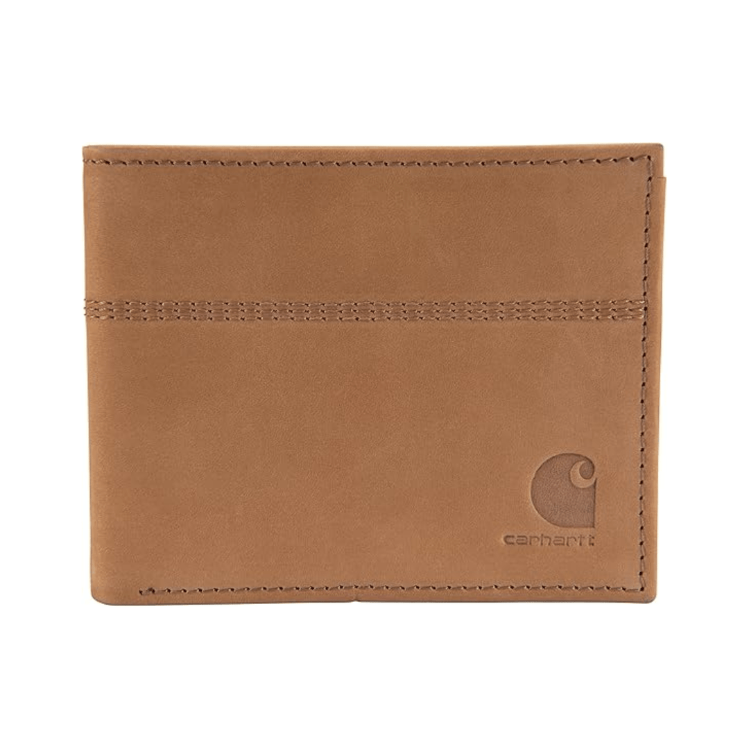Tan leather bifold wallet with stitched edges and embossed logo