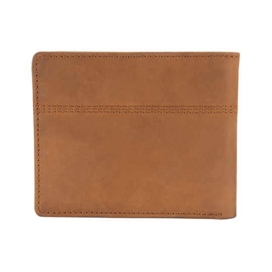 Tan leather bifold wallet with stitched edges and a horizontal seam