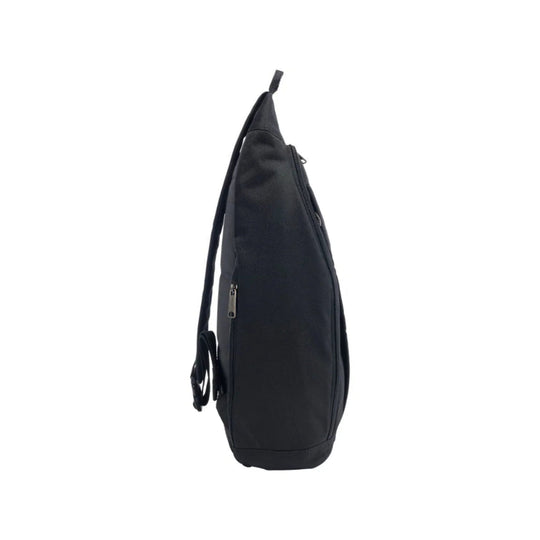 Black slim backpack shown in side profile with zippered compartments and shoulder straps