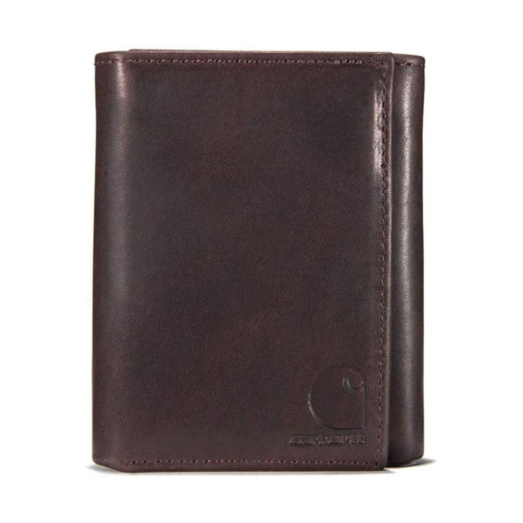 Brown leather trifold wallet with a front flap and embossed logo at the lower right