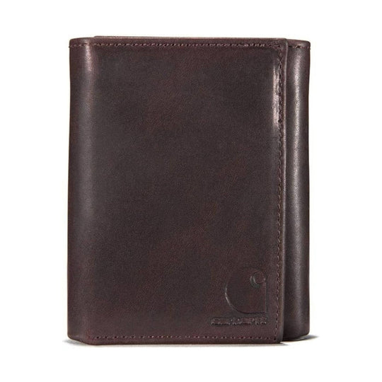 Brown leather trifold wallet with a front flap and embossed logo at the lower right