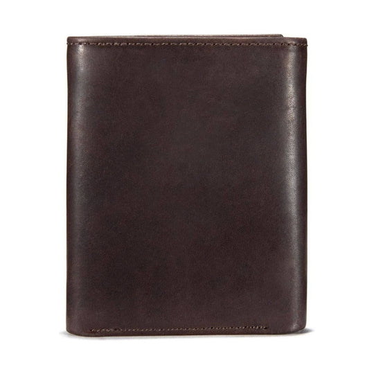 Brown leather trifold wallet shown closed on a white background