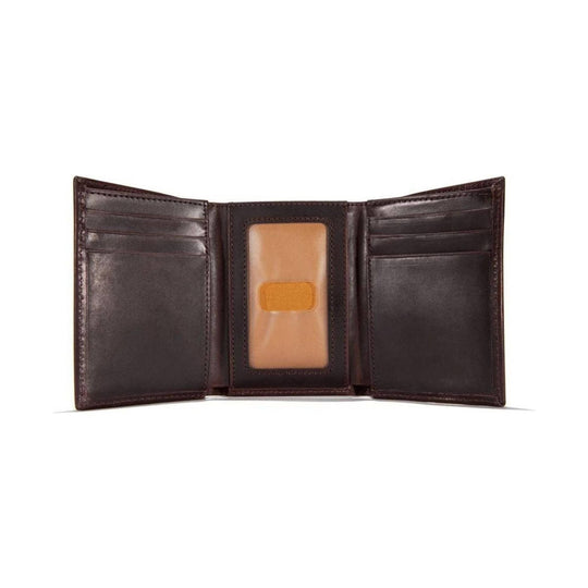 Open dark brown leather trifold wallet with card slots and a clear center ID window