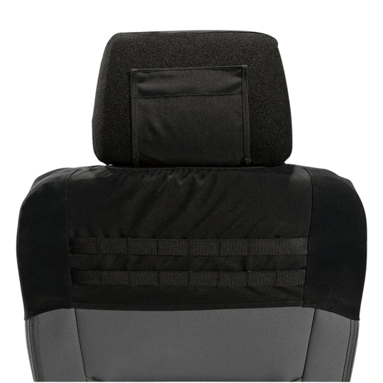Black bucket seat cover with padded headrest and mesh side panels.