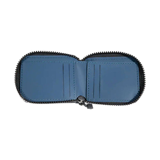 Blue zip-around wallet with multiple card slots and a black zipper