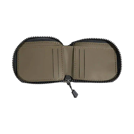 Open bi-fold zip wallet in olive brown with black trim and a central zipper pull