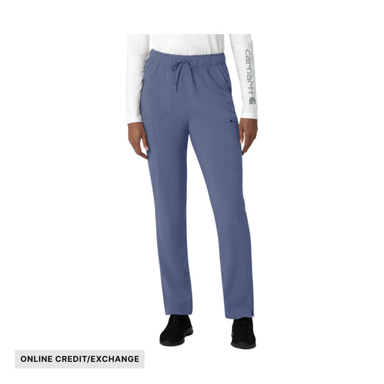 Blue straight-leg cargo scrub pants on a model, with ONLINE CREDIT/EXCHANGE text