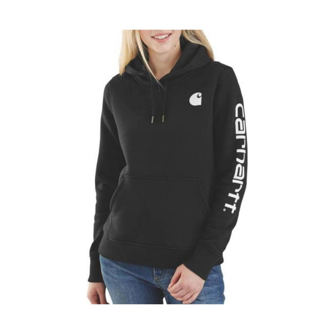 Black pullover hoodie with a front kangaroo pocket and white Carhartt logo on the chest and sleeve