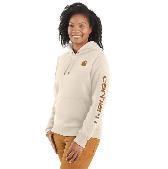Cream hooded sweatshirt with brown sleeve logo and chest emblem, worn by a model