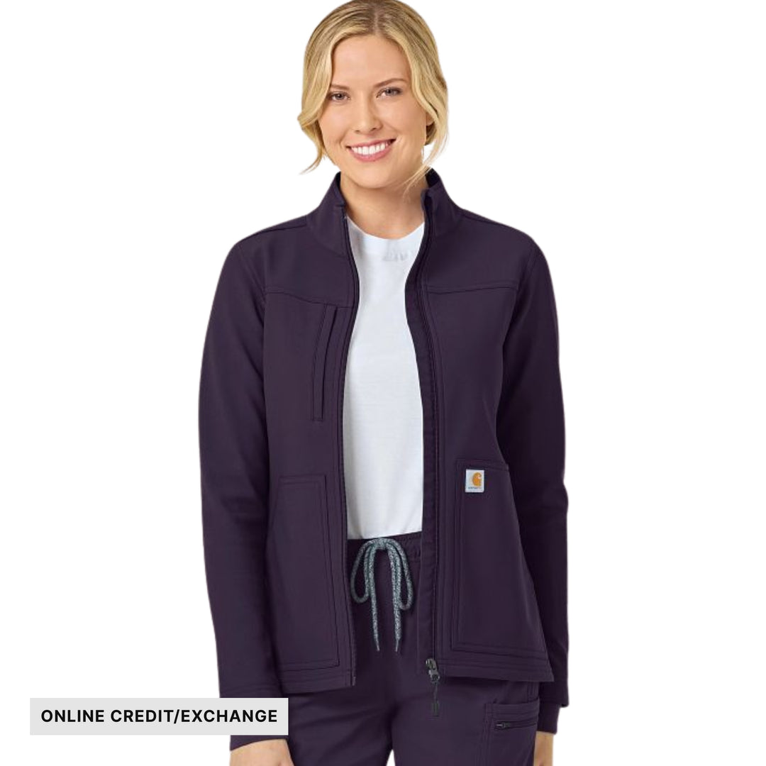 Women’s dark plum scrub jacket with full zip, stand collar, and patch pockets