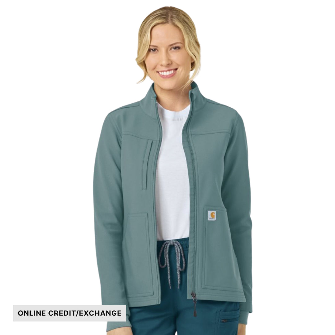 Teal zip-front fleece jacket with chest and front pockets, worn over a white shirt; banner reads ONLINE CREDIT/EXCHANGE