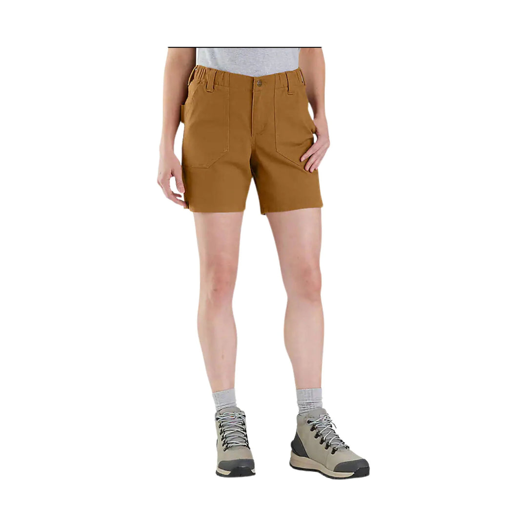 Brown relaxed-fit work shorts with an elastic waist, button closure, and front pockets