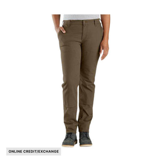 Brown straight-leg pants with front pockets, shown on a model, with an ONLINE CREDIT/EXCHANGE label