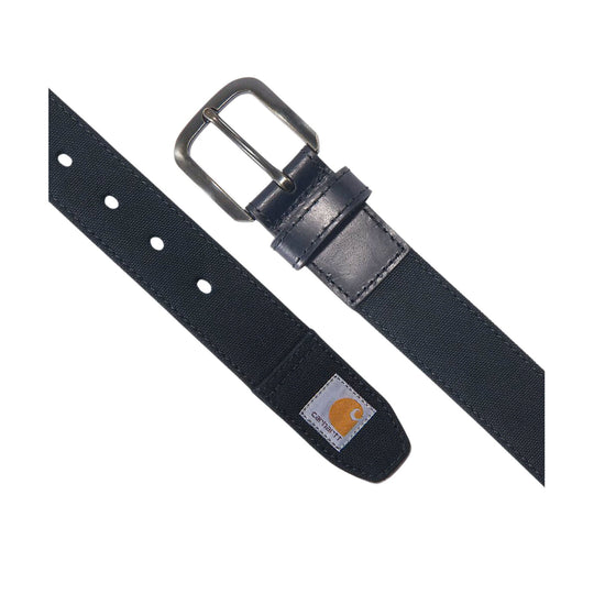 Black woven belt with silver buckle and punched holes