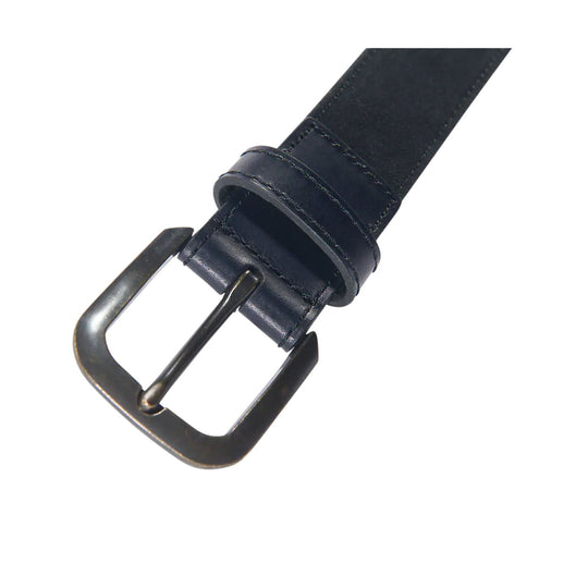Black leather belt with a rectangular metal buckle