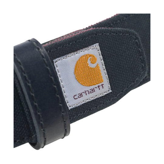 Black suede belt with a stitched logo patch