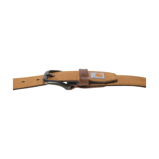 Brown woven fabric belt with a dark metal buckle and leather keeper, shown in a close-up side view.