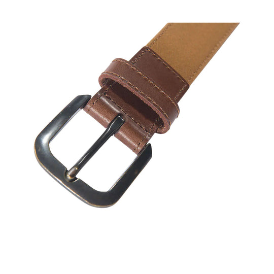 Brown leather belt with dark metal buckle
