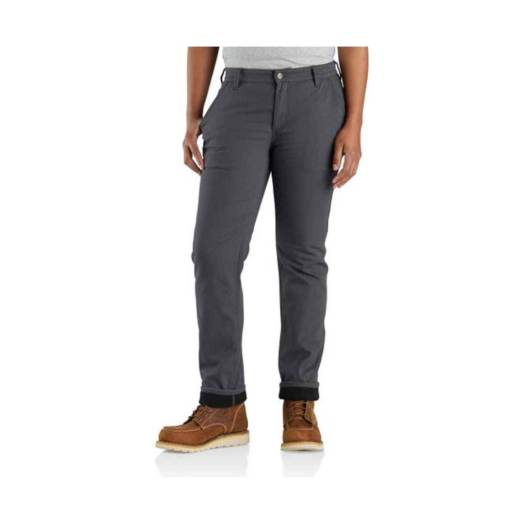 Dark gray straight-leg pants with cuffed hems, worn with brown lace-up boots