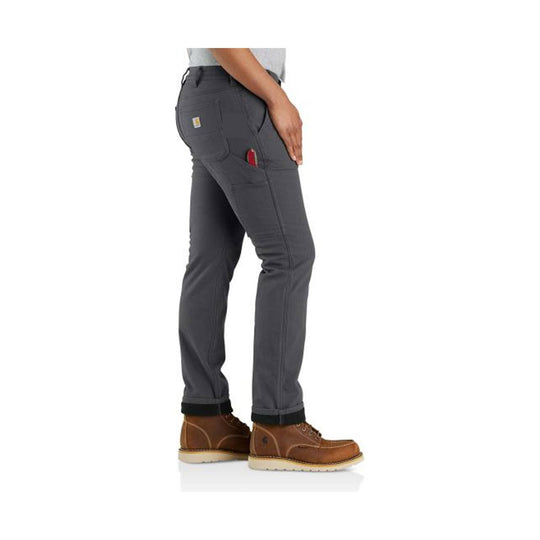 Gray fleece-lined work pants with back patch pockets, side utility pocket, and brown work boots