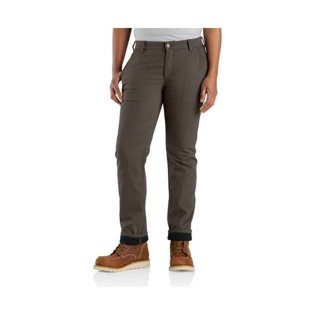 Olive fleece-lined pants with a straight-leg fit and cuffed hems, worn with brown work boots