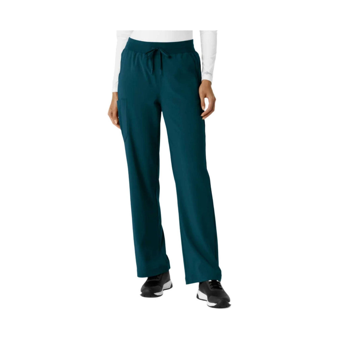 Teal straight-leg scrub pants with drawstring waistband and cargo pocket, shown on a model.