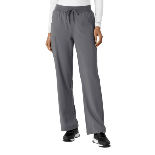 Gray boot-cut scrub pants with drawstring waist and cargo pocket