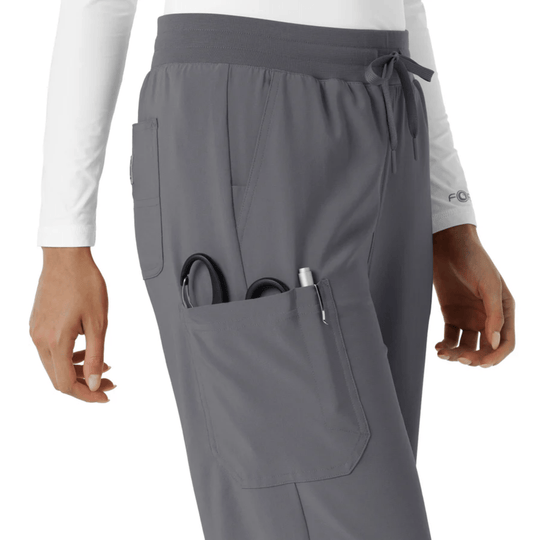 Gray scrub pants with an elastic waistband, drawstring tie, side cargo pockets, and a pen loop