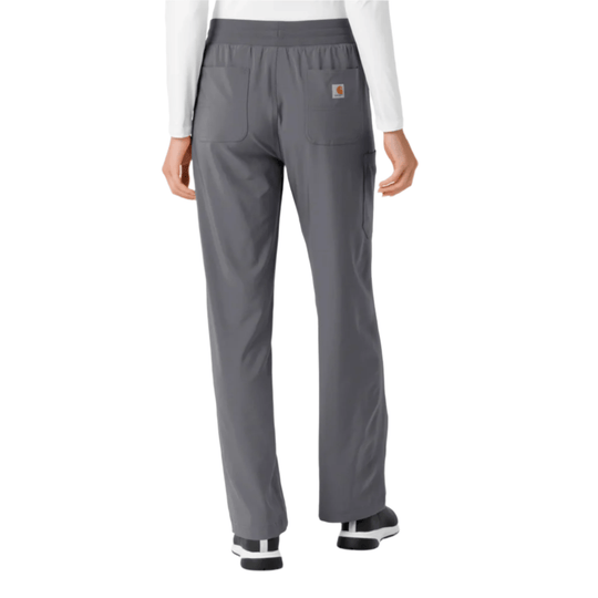 Gray boot-cut scrub pants with cargo pockets, shown from the back on a model