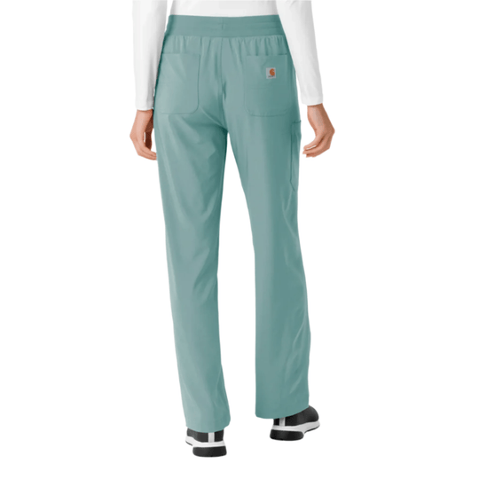 Mint green straight-leg scrub pants with cargo pockets and a small Carhartt logo patch