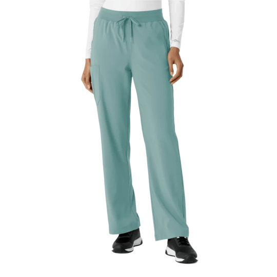 Teal women’s scrub pants with drawstring waist, cargo pocket, and boot-cut legs on a model