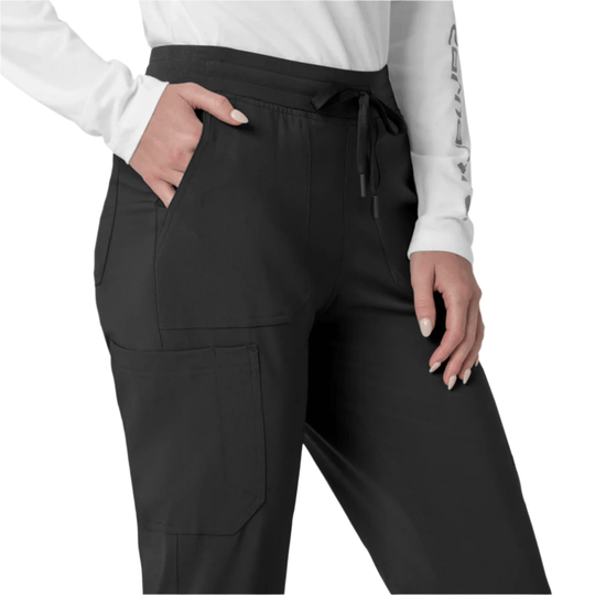 Black cargo jogger scrub pants with drawstring waist and large patch pockets