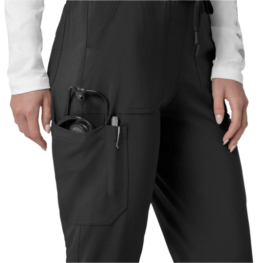 Black cargo jogger pants with a large side utility pocket and visible earbud cord