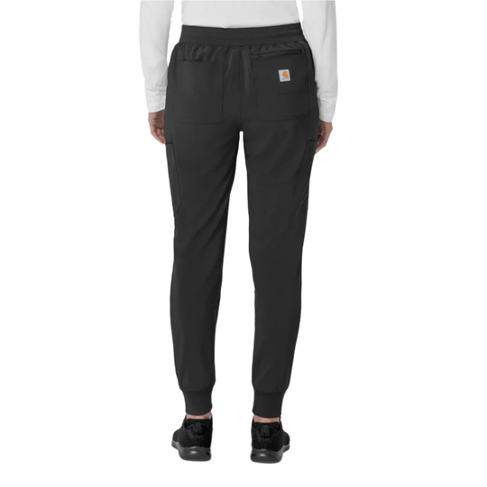 Black cargo jogger scrub pants shown from the back with rear pockets, zip pocket, and cuffed ankles.