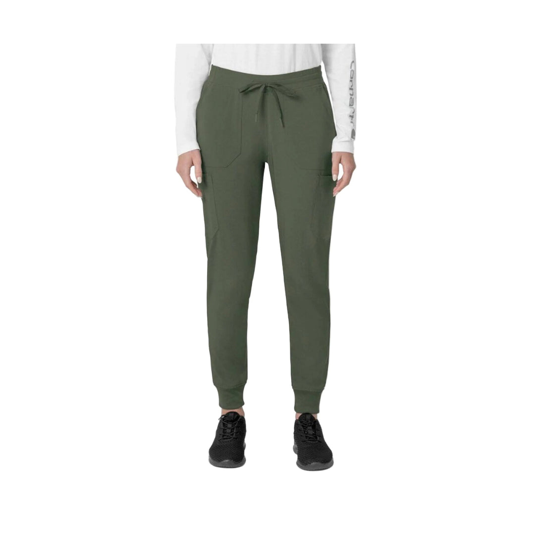 Olive cargo jogger scrub pants with drawstring waist and ribbed cuffs