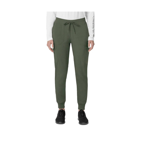 Olive cargo jogger scrub pants with drawstring waist and ribbed cuffs