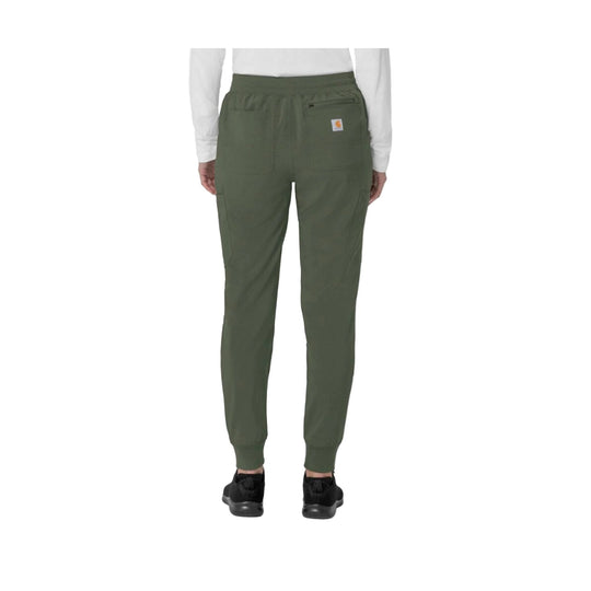 Olive jogger scrub pants shown from the back with elastic waistband, cargo pockets, and ribbed ankle cuffs