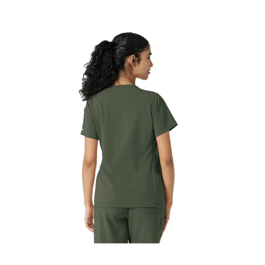 Olive short-sleeve scrub top shown from the back
