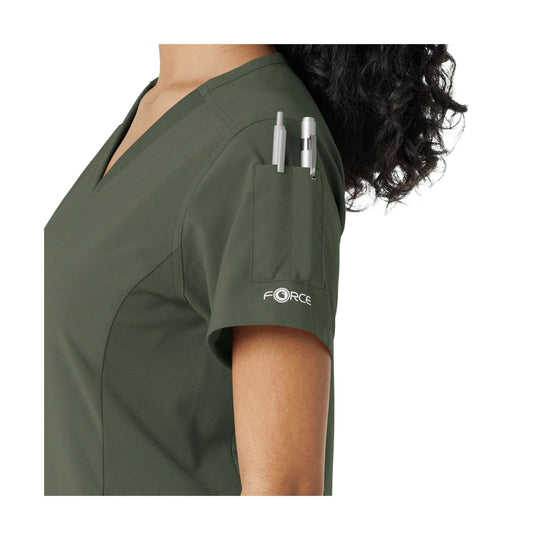 Olive V-neck scrub top with chest pocket and sleeve logo