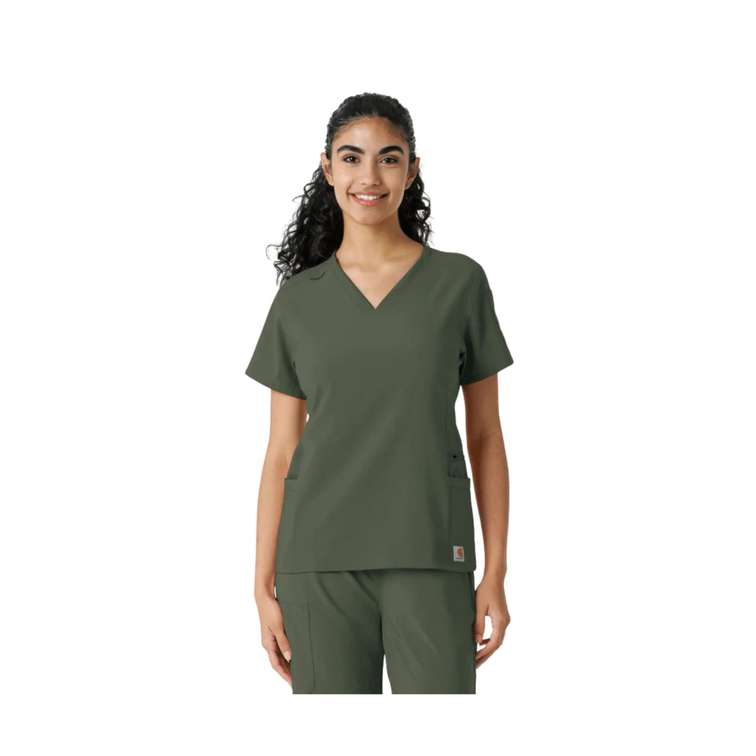 Olive green scrub top and pants set with V-neck top, short sleeves, and front patch pockets