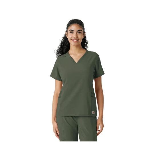 Olive green scrub top and pants set with V-neck top, short sleeves, and front patch pockets