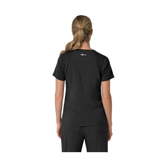 Black short-sleeve scrub top shown from the back with a small logo at the upper center.