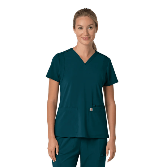 Teal V-neck scrub top with short sleeves and front pockets