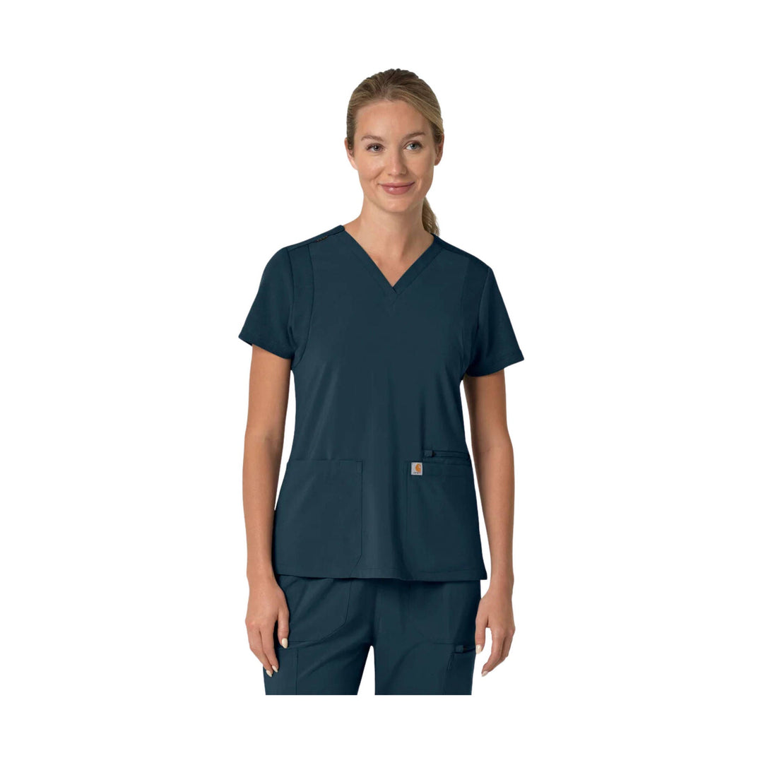 Navy V-neck short-sleeve scrub top with chest pockets