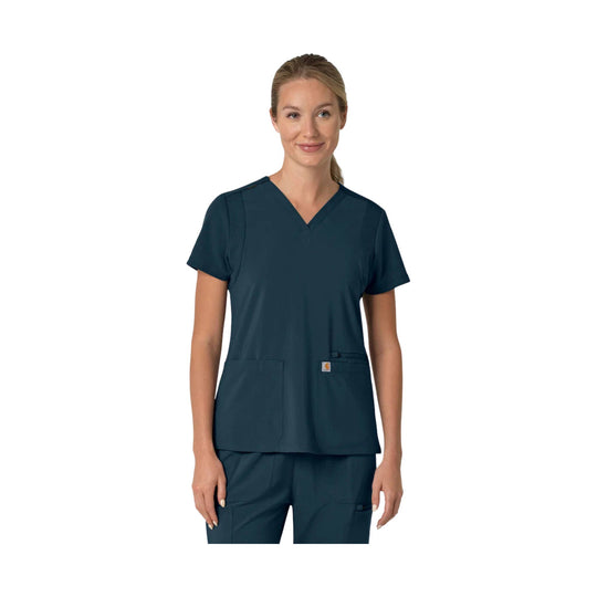 Navy V-neck short-sleeve scrub top with chest pockets